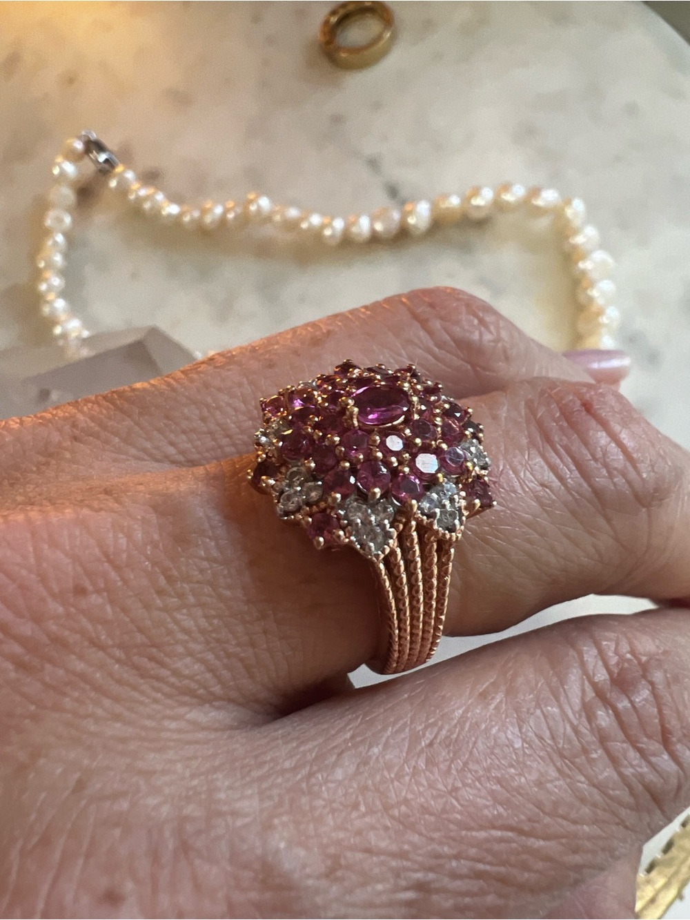 Signed STS 925 Sterling Silver Rose Gold Tone Pink & White Floral Ring Sz 7